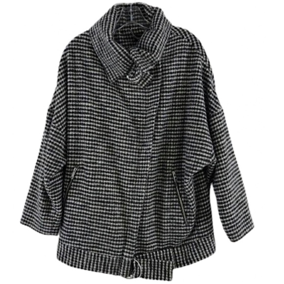 TOPSHOP B/W Houndstooth Wool Blend Pea Coat w Belted Collar & Hem Zipper Pockets - Picture 12 of 13